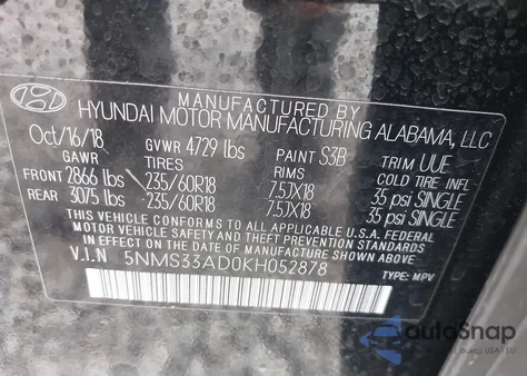 2019 Hyundai Santa Fe Sel Plus z USA, uszkodzony, nr VIN 5NMS33AD0KH052878